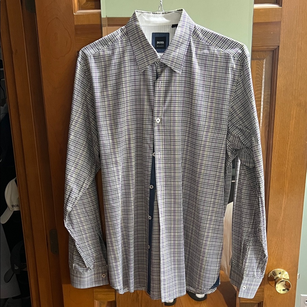 BOSS Men's Multi-Check Dress Shirt in White, Blue, Green and Purple